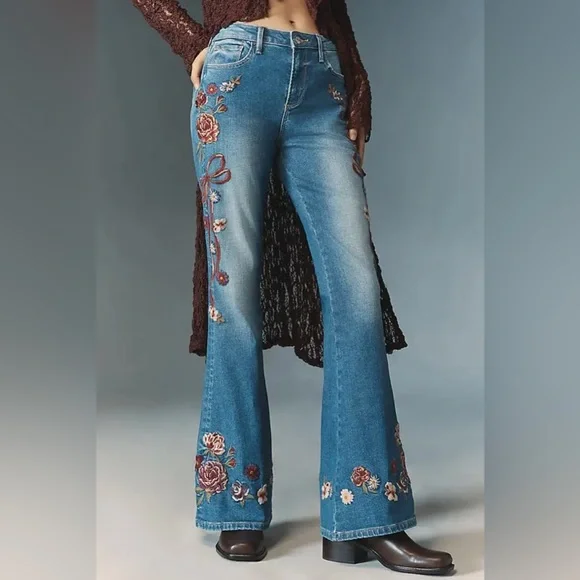 DRIFTWOOD Farrah High-Rise Flare Jeans Bows and Roses Anthropologie - Picture 2 of 4